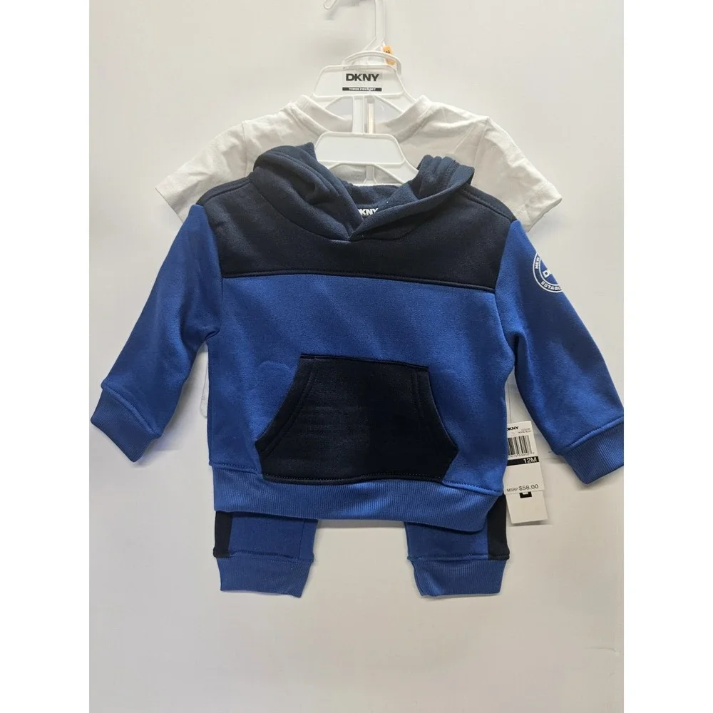 DKNY 12M, Set Of 3, Blue Pull Over Hoodie/Blue Pants/ Crew Neck White T Shirt